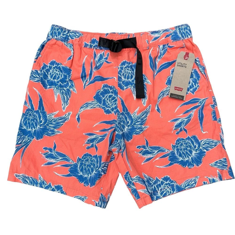 NEW Levis Men's Large Hawaiian Floral‎ Utility Shorts Peach Blue Belted Stretch